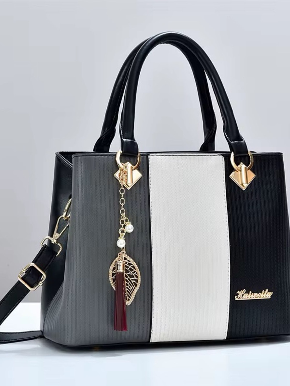 Tricolor Tote Bag with Gold Accent - Black, Gray & White